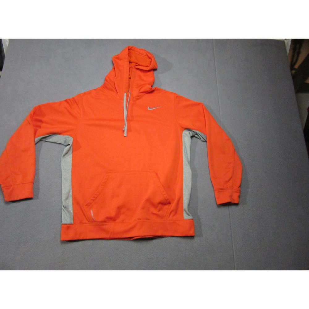 Nike Hoodie Mens Large Orange Gray Therma-FIT Pullover Sweatshirt Activewear